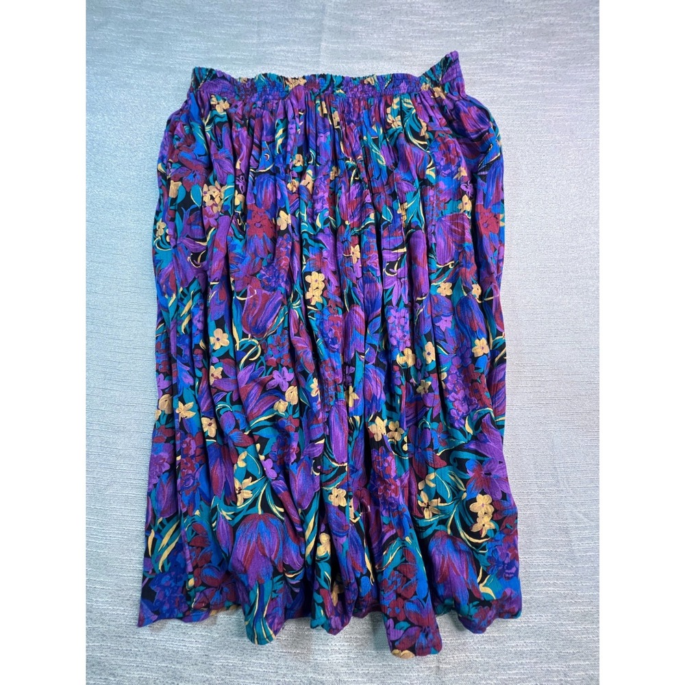Floral Midi Skirt Pockets Boho Hippie Vintage Purple Blue 2X USA
